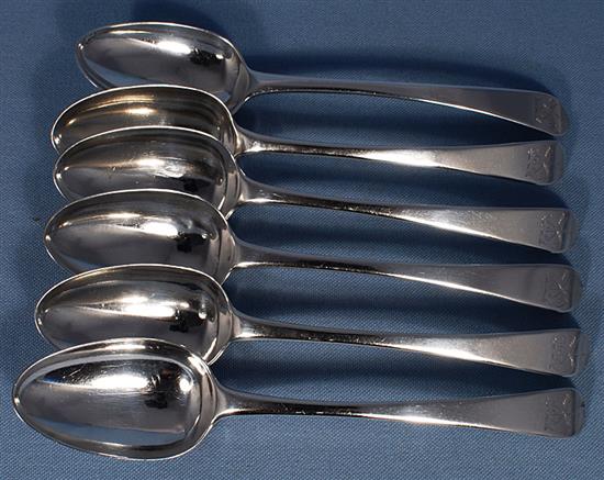 A set of six early George III silver Old English pattern table spoons, Length 8 ¾”/219mm Combined weight 15.2oz/431grms